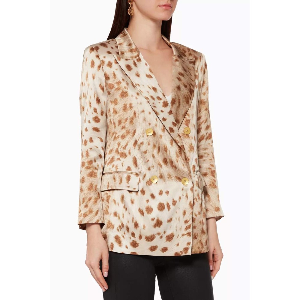 L'AGENCE Taryn Double-Breasted Silk Blazer Leopard Animal Print Tan White Size 2